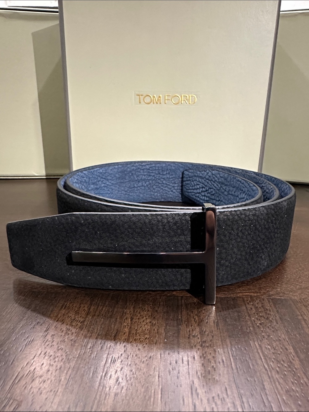 Tom Ford Black and Blue Leather T-Buckle Reversible Belt